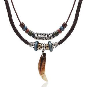 Men Leather Necklace Vintage Tribal Style Boho Hipppie Double Layered Braided